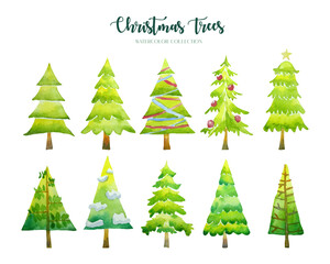 Ten Christmas trees watercolor collection. 