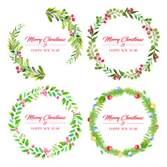 Four styles watercolor green Christmas leaves surround lace, border, template. 