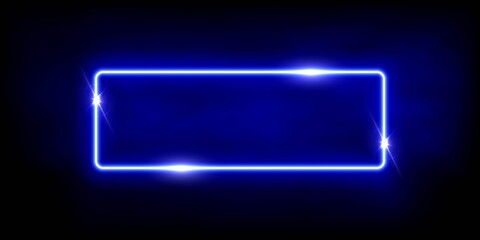 Glowing neon blue rectangle with sparkles in fog abstract background. Electric light frame. Geometric fashion design vector illustration. Empty minimal art decoration