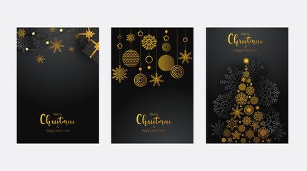 Concept of Merry Christmas and Happy New Year posters set. Design templates on dark background with black and gold snowflakes for celebration and season decoration. - 392404015