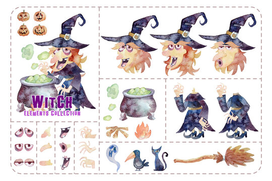 Cute Witch elements, dresses and expression, isolated Halloween collection watercolor painting. 