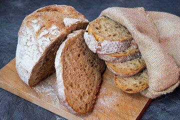 Sliced homemade bread on cutting board
