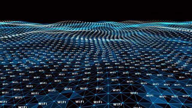 4k abstract Digital blue Wave of particles with text wifi dance motion on wave and light.Futuristic dots background with a dynamic wave.Big data.Cyber or technology background.