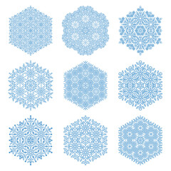 Set of blue snowflakes. Fine winter ornaments. Snowflakes collection. Snowflakes for backgrounds and designs