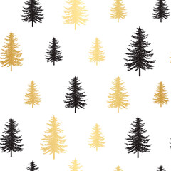 Naklejka na ściany i meble Christmas tree seamless pattern. Noel gold print, New year winter holiday decoration, golden christmas background with firs and white snow, wallpaper, wrapping paper design