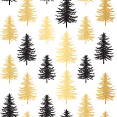 Obraz premium Christmas tree seamless pattern. Noel gold print, New year winter holiday decoration, golden christmas background with firs and white snow, wallpaper, wrapping paper design