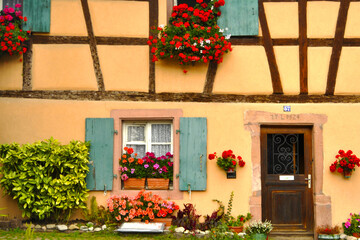 View of an old house with geranium  flowers in Kaysersberg in France.