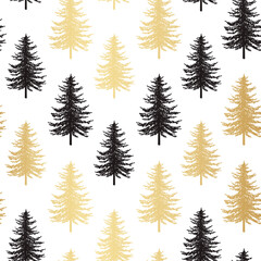 Obraz premium Christmas tree seamless pattern. Noel gold print, New year winter holiday decoration, golden christmas background with firs and white snow, wallpaper, wrapping paper design