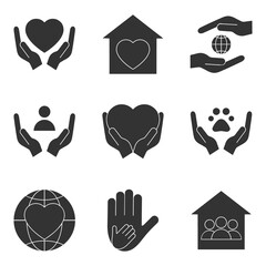 Voluntary, charity, donation black set icons. Vector stock illustration isolated on white background.