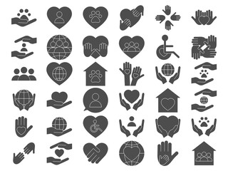 Voluntary, charity, donation black set icons. Vector stock illustration isolated on white background.