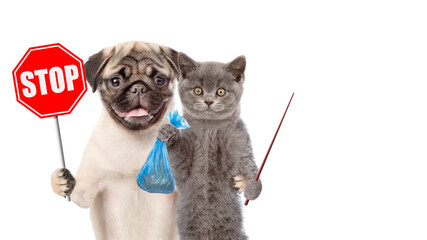 Kitten and  pug puppy holds stop  sign and plastic bag and  points away on empty space. Concept cleaning up dog droppings. isolated on white background