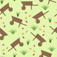 Wheelbarrow with greens and butterflies seamless pattern