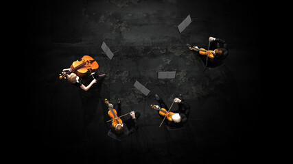 Group of musicians in orchestra playing together on stage distant top view 3d rendering © bekirevren
