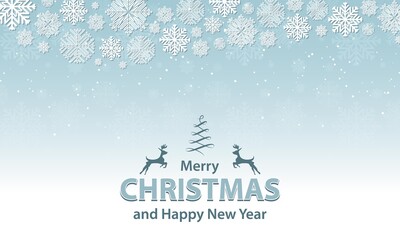 Simple Christmas and New year illustration with snowflakes, snowfall and decorative text with christmas tree and reindeer.