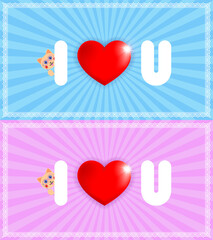 Postcards, posters. Stylistic abbreviated lettering I love you. Red heart with bright white glare and letters I and U. Funny kitty, pince-nez. Blue and pink radiant background in a frame EPS10