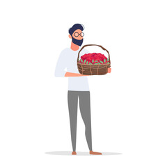 A man holds a basket of roses. Guy with a basket of flowers. Suitable for design on the theme for lovers, March 8 and birthday. Vector.