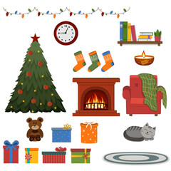 Christmas hugge set of cozy items, color vector isolated illustration in flat style, clipart, design, decoration, sticker, scrapbooking, icon, poster