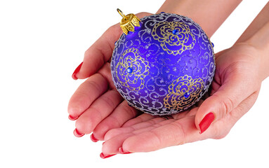 Christmas Ball in Female Hands Isolated on White Background. Shiny Blue-Golden Christmas Bulb with...