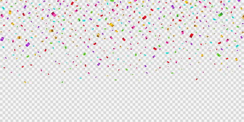 Falling shiny bright confetti on transparent background. Party and birthday festive tinsel in gold, red, pink, purple, blue, yellow and green.