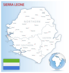 Detailed Sierra Leone administrative map with country flag and location on a blue globe.