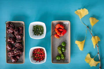 Bowls with various ripe and unripe hot chili peppers (Habanero, Chiltepin and Jolokia). Blue background and yellow gingko leaves branch.