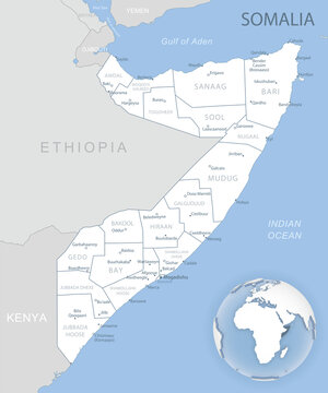 Blue-gray Detailed Map Of Somalia Administrative Divisions And Location On The Globe.