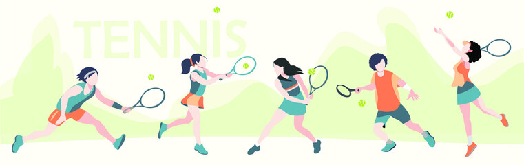 Tennis player training. Athlete hitting a ball. Championship tournament. Isolated vector illustration 