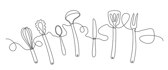 Cooking seamless pattern continuous line. Single line drawing of isolated kitchen utensils. Outline Cutlery Background. Vector illustration