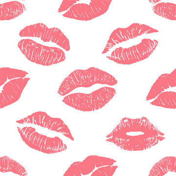 Fashion seamless pattern with printed lips kisses, lips prints wrapping paper. World kiss day, Valentine s day