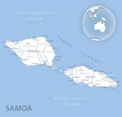 Blue-gray detailed map of Samoa administrative divisions and location on the globe.