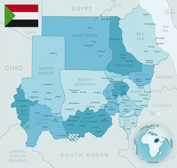Blue-green detailed map of Sudan administrative divisions with country flag and location on the globe.