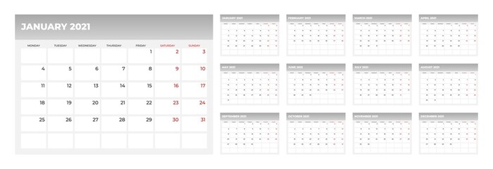 Wall calendar for 2021 year in clean minimal style. Corporate design planner template. Week Starts on Monday. Set of 12 Months. Ready for print.