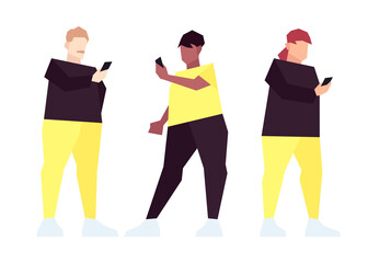 Obraz premium Set of low poly overweight people with smartphones isolated on white background. Vector illustration