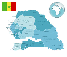 Senegal administrative blue-green map with country flag and location on a globe.