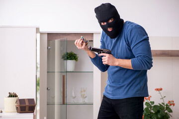 Male robber stealing valuable things from the house