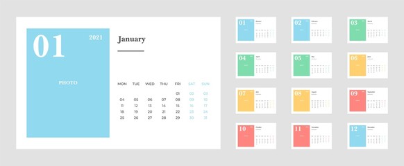 Fototapeta na wymiar Calendar 2021, Set Desk Calendar template design with Place for Photo and Company Logo. Week Starts on Monday. Set of 12 Months.