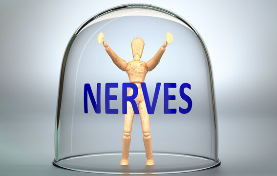 Nerves can separate a person from the world and lock in an invisible isolation that limits and restrains - pictured as a human figure locked inside a glass with a phrase Nerves, 3d illustration