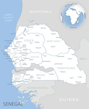 Blue-gray detailed map of Senegal administrative divisions and location on the globe.