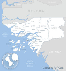 Fototapeta premium Blue-gray detailed map of Guinea-Bissau administrative divisions and location on the globe. Vector illustration