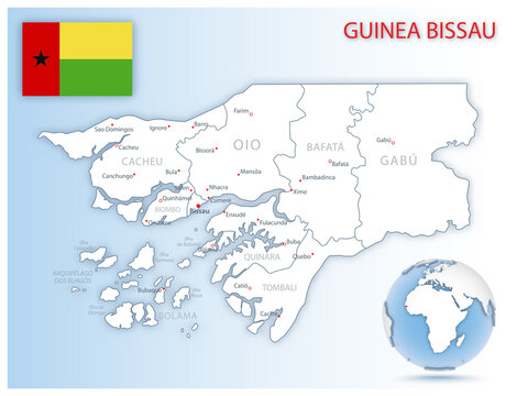 Detailed Guinea-Bissau administrative map with country flag and location on a blue globe. Vector illustration
