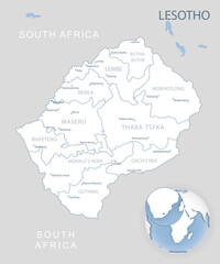 Fototapeta premium Blue-gray detailed map of Lesotho administrative divisions and location on the globe. Vector illustration