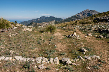Fototapeta na wymiar hikers, puig Galatzo, Estellencs, Mallorca, Balearic Islands, Spain