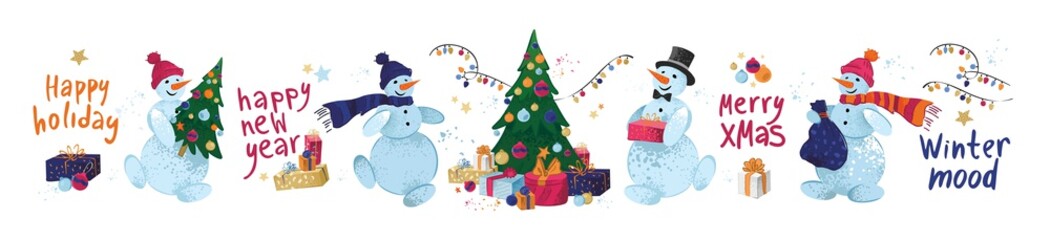 Naklejka na ściany i meble Big set of funny snowmen in hats, scarves with gifts. New year tree and elements for greeting cards, posters for winter holidays. Christmas lettering isolated on white. Cartoon vector illustration.