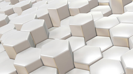 Abstract 3D geometric background, white hexagons shapes stacks, render technology illustration.