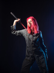 Cyberpunk and futurism, concept. A young woman with pink hair and overalls, a samurai mercenary...