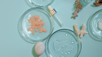 Eco-friendly cosmetics, a set of ingredients and bottles