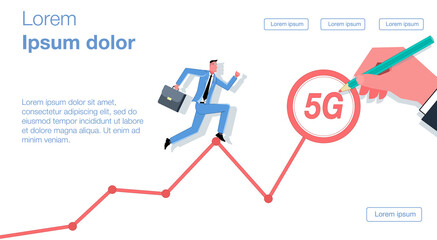 A young businessman with a suitcase in his hand runs up a graphic drawn by a big hand to the goal in the form of a sign 5G Vector illustration demonstrating the progress of the Internet and wireless c