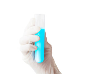Hand holding test tube science with blue liquid isolated on white background - Clipping path