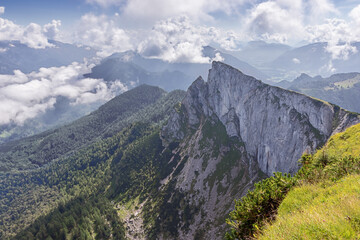 Fototapeta premium Mountain ridge at the Schafberg, seen from the mountain station of the rack railway