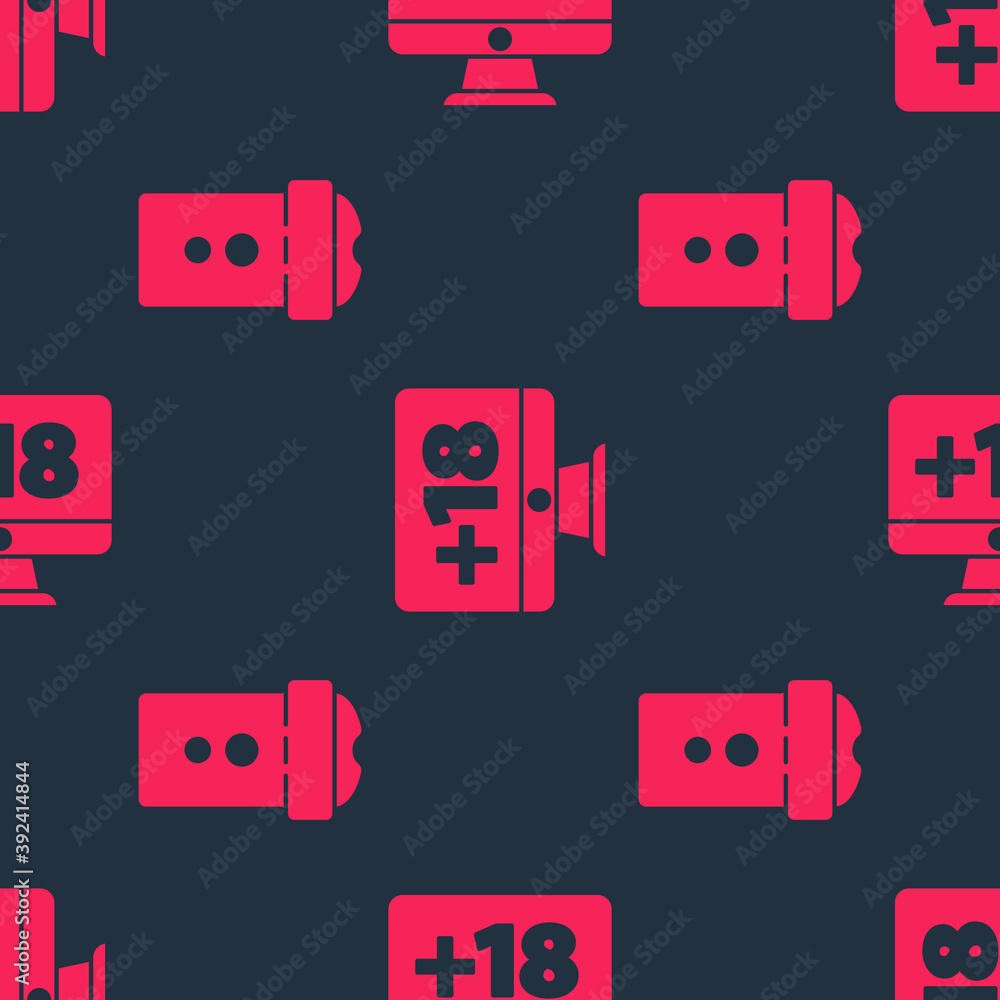 Poster set vagina masturbator and monitor with 18 plus content on seamless pattern. vector.